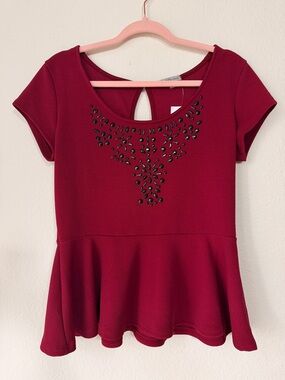 Y2K Charlotte Russe Burgundy Embellished  Peplum Top L Going Out Keyhole Back